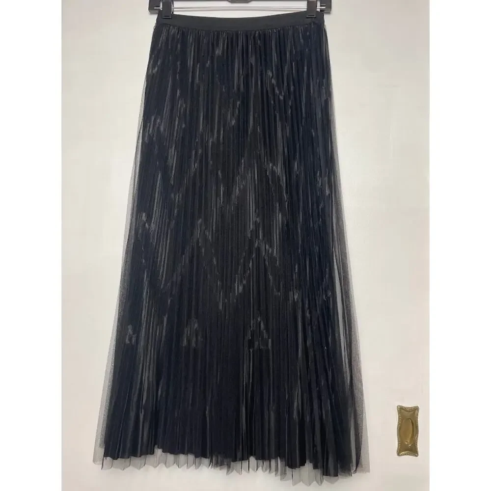 Shengsili‎ Womens Black Pleated Midi Skirt New Chevron Striped Whimsygoth Small